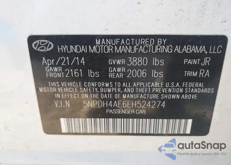 2014 Hyundai Elantra Se z USA, uszkodzony, nr VIN 5NPDH4AE6EH524274